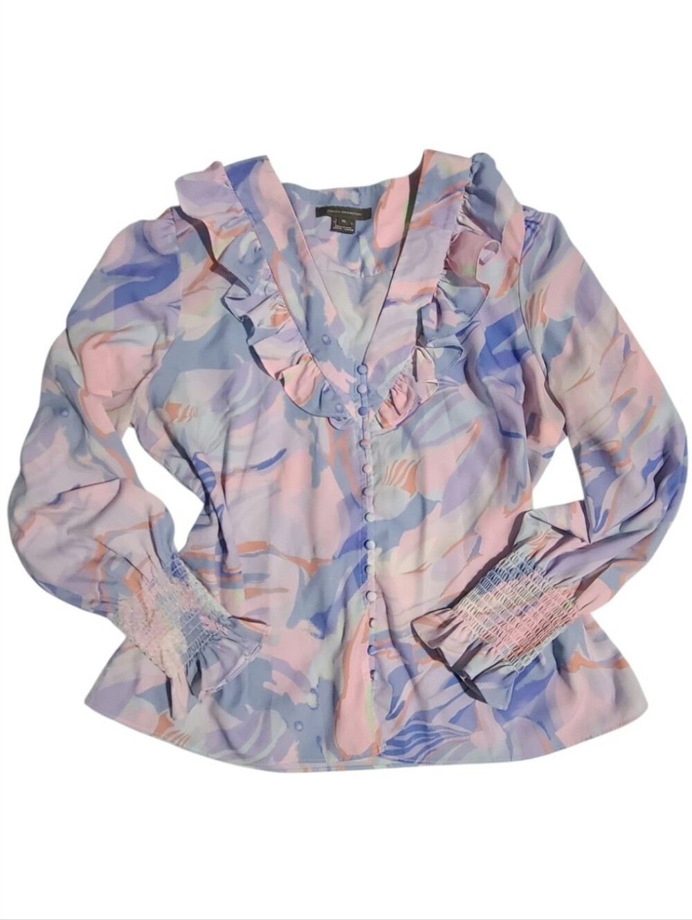 French Connection Dalla Hallie Recycled Sheer Ruffle Blouse Baja Blue XL